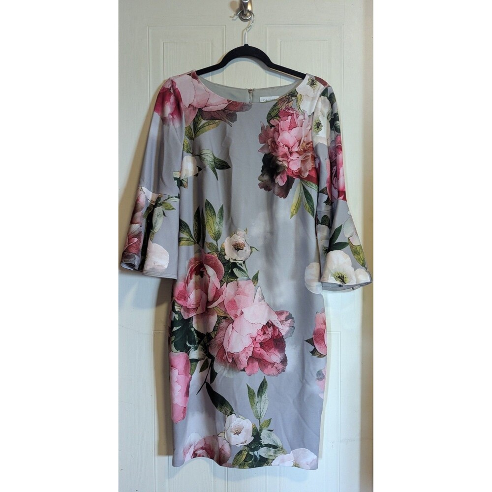 Calvin Klein Floral Sheath Dress Gray Pink Green 3/4 Flutter Bell Sleeve Size 10